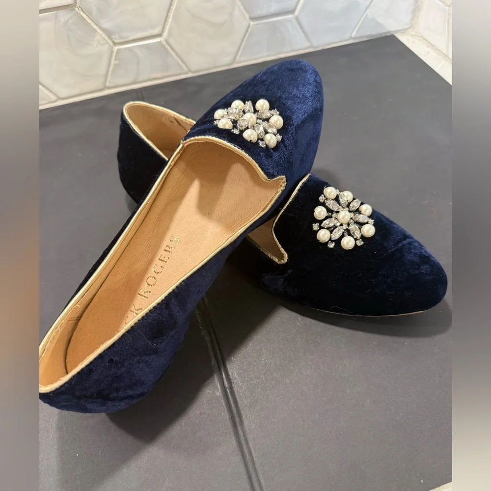 Jack Rogers Jeweled Rondelle Loafer Sz 6 Blue Velvet Rhinestone Pearl Stunning - Picture 8 of 10